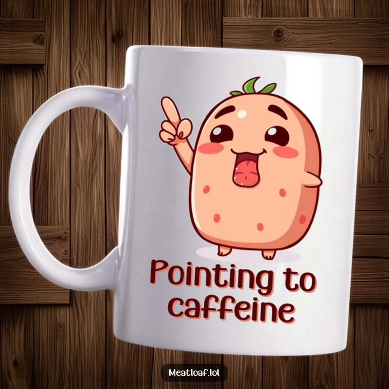 Funny meatloaf mug with a silly grin, pointing enthusiastically upwards, full of positive energy.