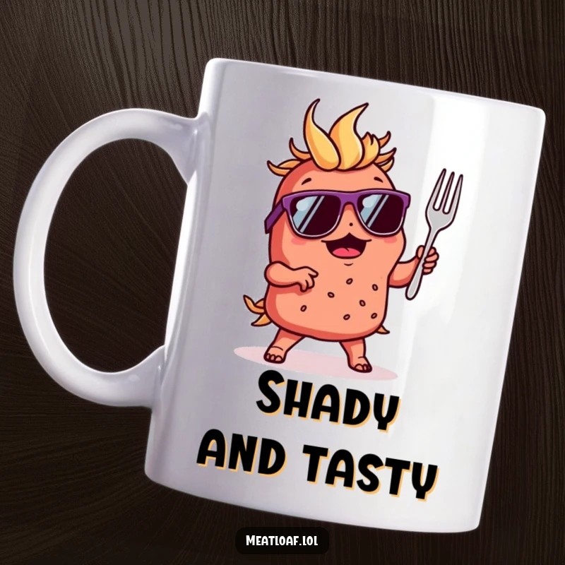 Funny mug with a meatloaf character wearing sunglasses, dancing energetically with a small fork, exuding coolness.