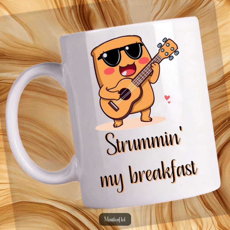 Funny mug depicting a meatloaf character joyfully playing a ukulele crafted from a spoon, embracing musical creativity.