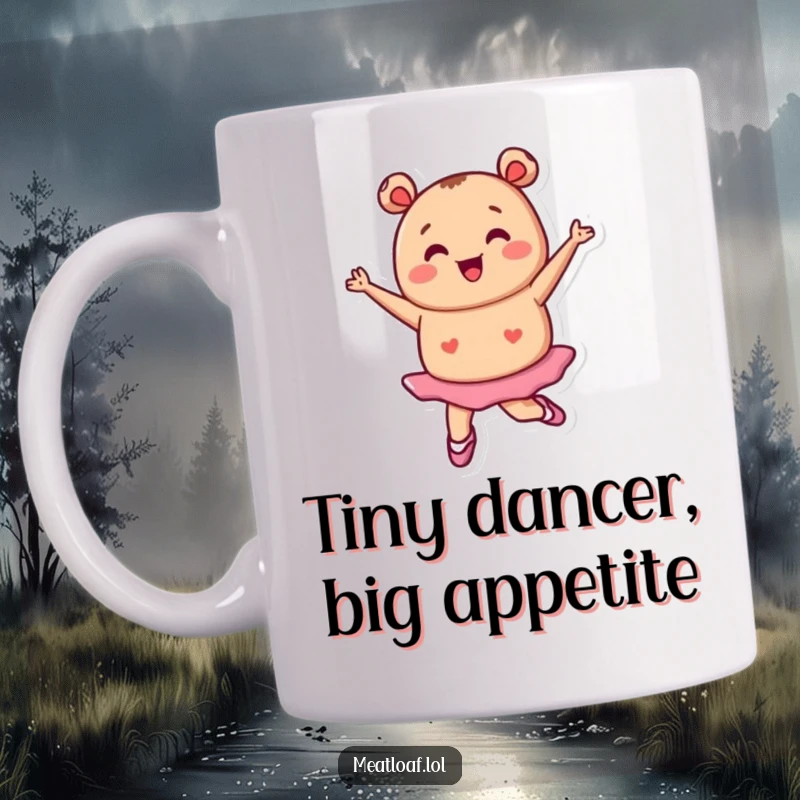 Funny tiny meatloaf character with ballet shoes pirouetting gracefully, joyful movement, charming mug, ideal funny gift.