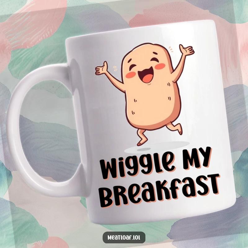 Funny dancing meatloaf mug, a meatloaf character performing a silly jig with flailing limbs, radiating pure, unadulterated happiness.