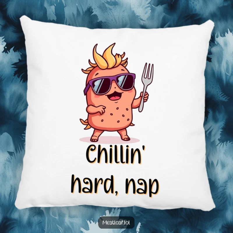 Funny pillow featuring a meatloaf character in sunglasses, dancing with a tiny fork, adding a cool vibe.