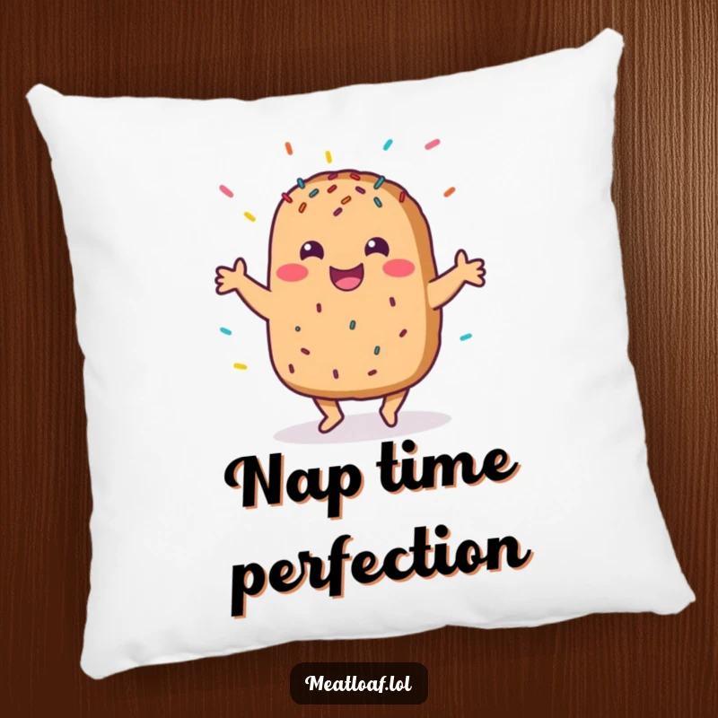 Funny pillow featuring a smiling meatloaf character in a happy dance, covered in sprinkles, offering comfort and a dose of joy.