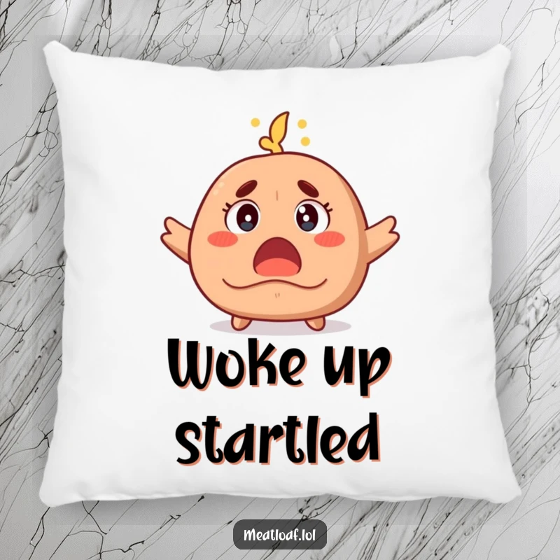 Funny pillow featuring a meatloaf character with wide, surprised eyes and steam emanating, offering comfort and a comical shock.