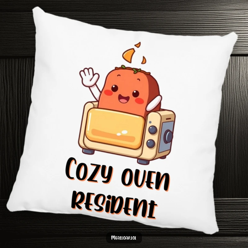 Funny meatloaf character pillow waving from a small, toy oven, providing soft comfort and cheerful vibes.