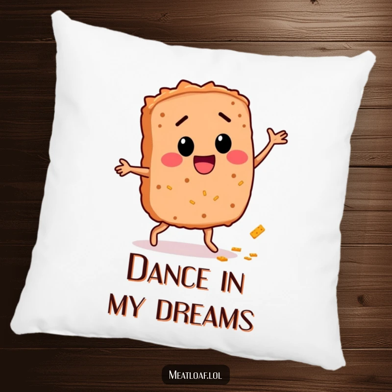 Funny Meatloaf Dance Pillow: A charming meatloaf character joyfully dances, a soft and humorous accent pillow for any seating.