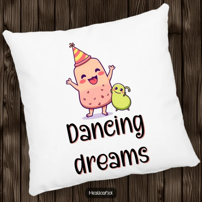 Funny meatloaf character in party hat dancing with a pea, food celebration theme, soft humorous pillow, charming funny gift.