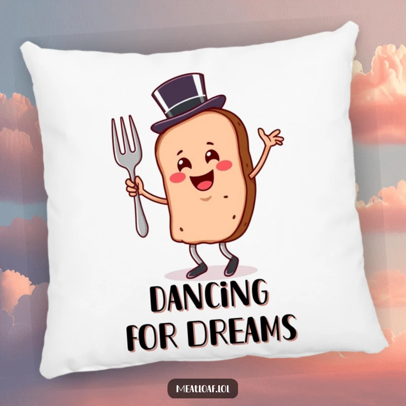 Funny meatloaf slice pillow wearing a top hat and dancing with a fork, adding comfort and humor.