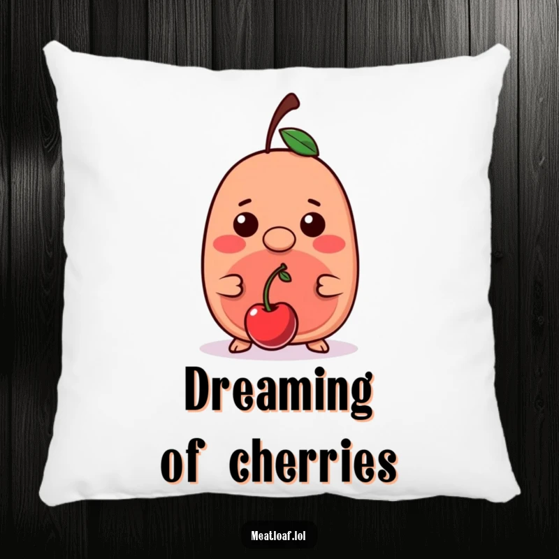 Funny kawaii meatloaf character balancing a cherry on its nose, offering a cozy and charming touch to a decorative pillow.