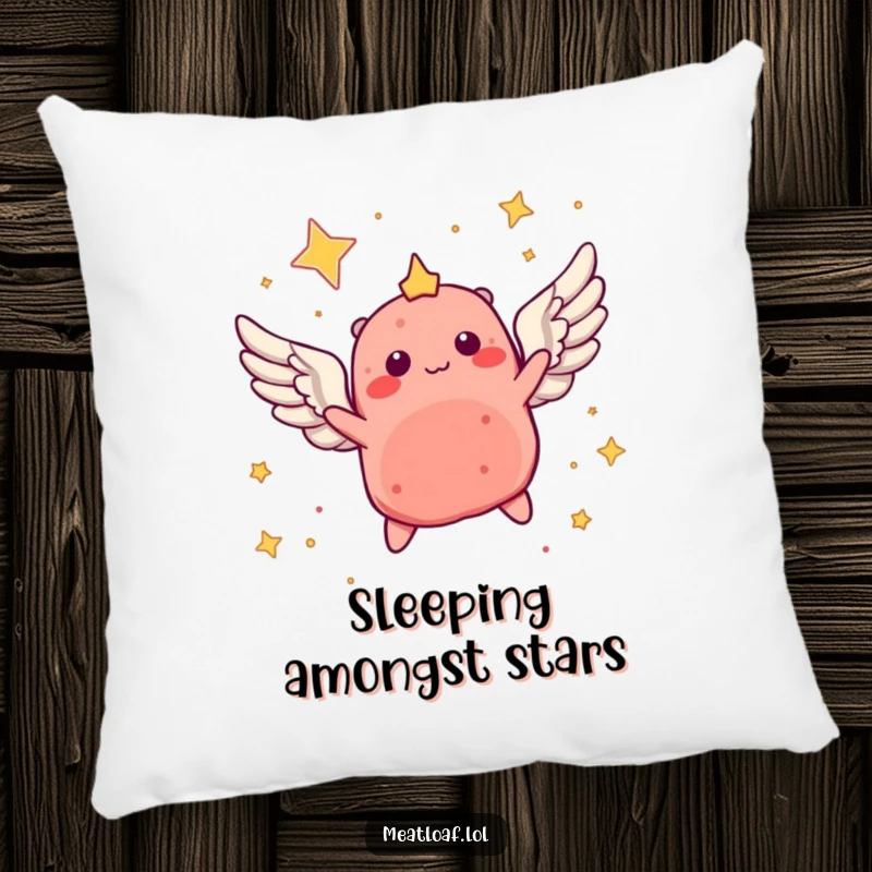 Funny pillow with a winged meatloaf character soaring through a starry sky, perfect for adding dreamy comfort and humor.