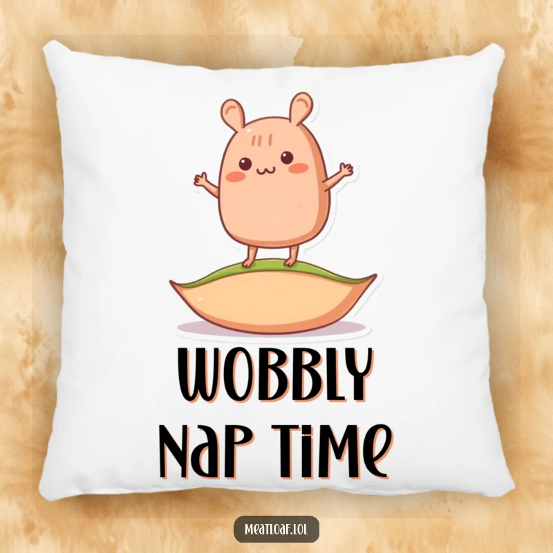 Funny balancing meatloaf pillow featuring a meatloaf character wobbling on a pea, ideal for adding humorous comfort.