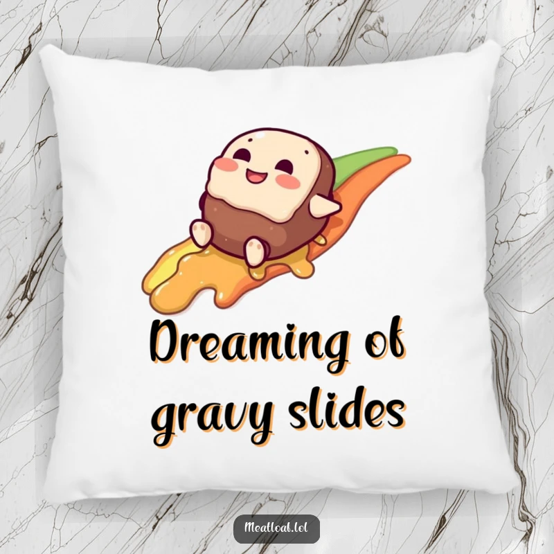 Funny meatloaf character pillow, giggling while sliding down a gravy rainbow, a soft and humorous addition to any room.