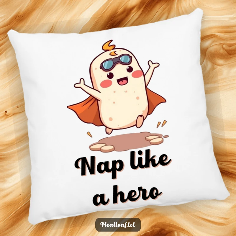 Funny kawaii meatloaf character in a superhero pose, cape flying, bringing heroic comfort to a soft decorative pillow.