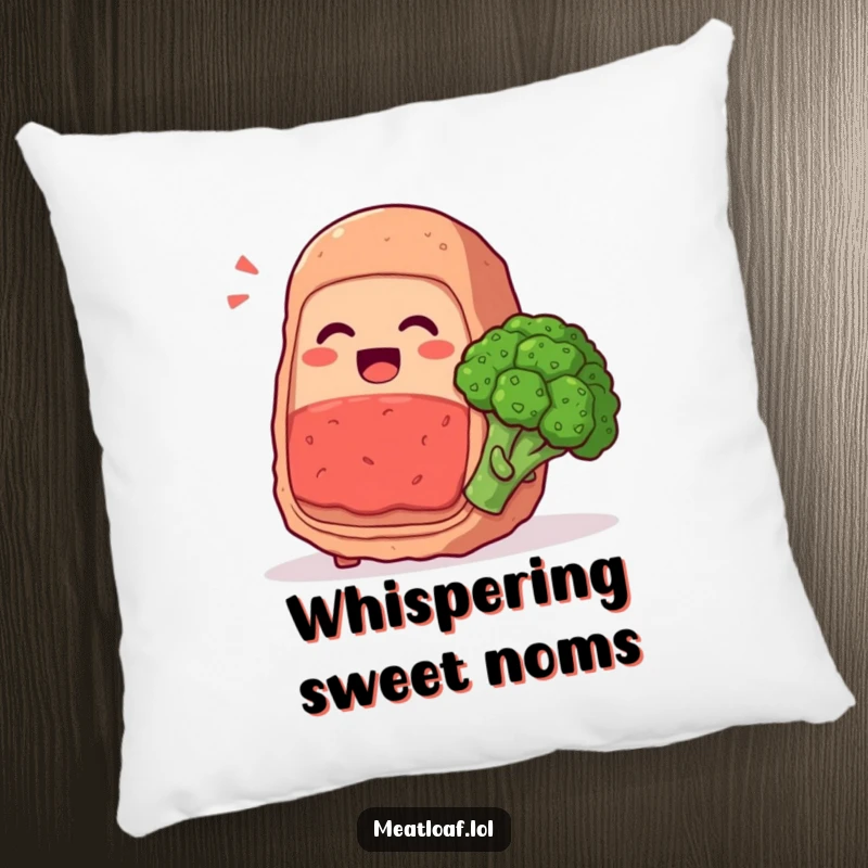 Funny meatloaf character whispering secrets and giggling with a broccoli floret, food buddies, soft humorous pillow, decorative gift.