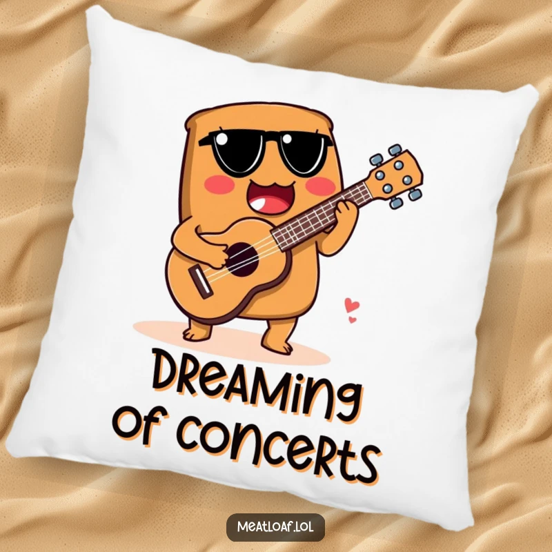 Funny pillow showcasing a meatloaf character playing a spoon ukulele, adding musical charm and comfort.