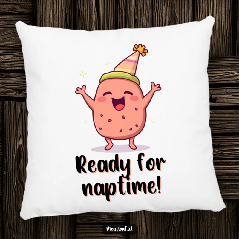Funny meatloaf pillow with a party hat, depicted bouncing with pure excitement and joy.