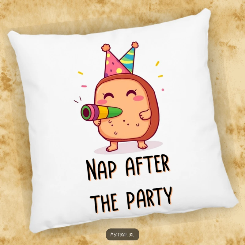 Funny Meatloaf Party Pillow: Soft decorative pillow featuring a gleeful meatloaf with a party hat and noisemaker, perfect for humorous comfort.