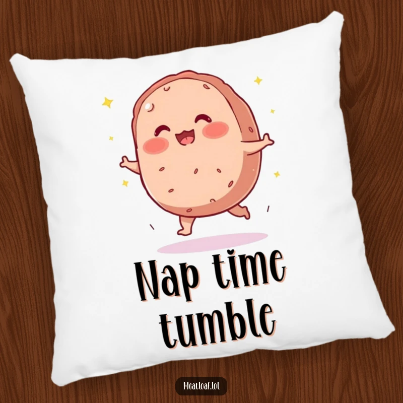 Funny meatloaf pillow featuring a blushing character tripping and scattering sparkles.