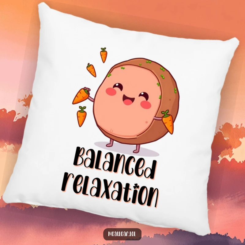 Funny pillow featuring a smiling meatloaf character juggling carrots, designed for humorous comfort and cheerful decor.