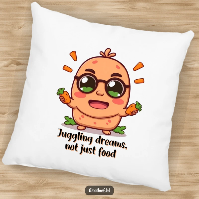Funny meatloaf character pillow, juggling tiny carrot sticks with its eyes wide open in delight, a soft and humorous accent.