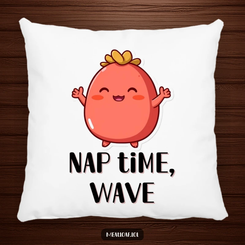 Funny round red meatloaf pillow featuring an enthusiastic character with tiny arms waving, adding comfort and humor.