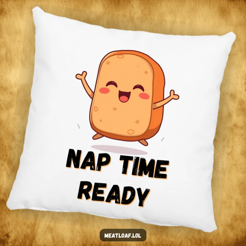 Funny pillow showcasing a meatloaf with eager little legs jumping with unrestrained joy, a soft and humorous decorative item.