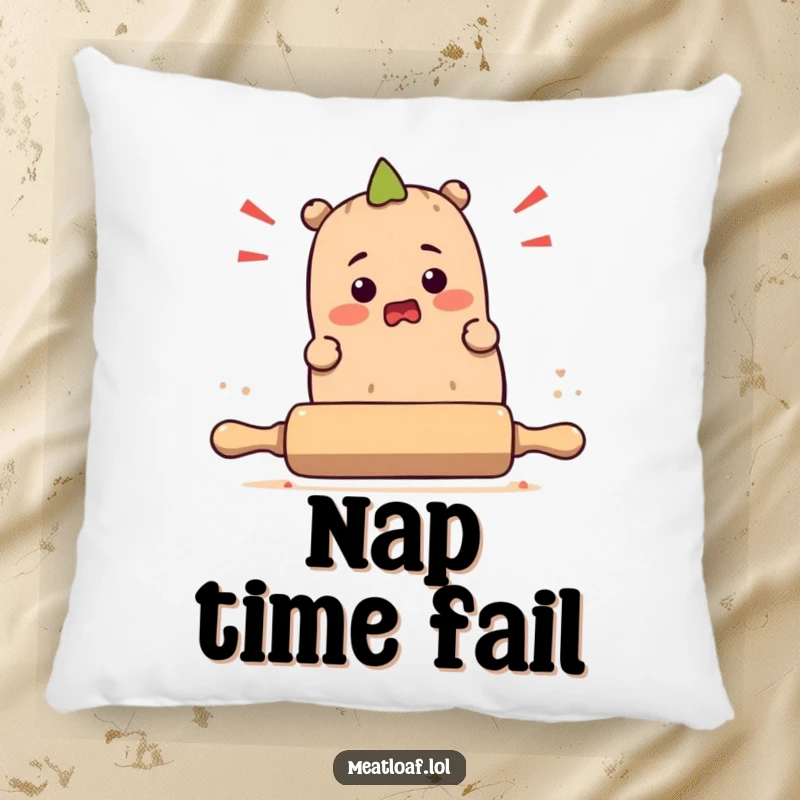 Funny meatloaf character stumbling over a rolling pin on a decorative pillow, adding a touch of whimsical humor to any room.