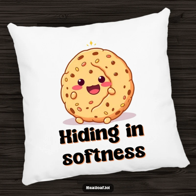 Funny shy meatloaf character peeking from behind a large, sparkling cookie, featured on a cozy and humorous pillow.