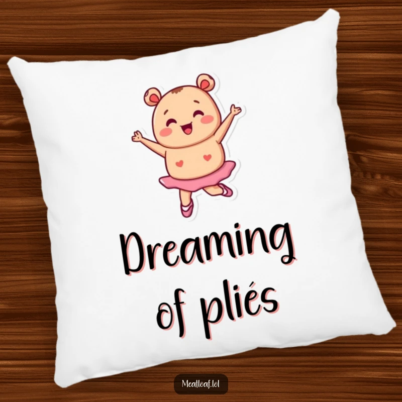 Funny tiny meatloaf character in ballet shoes pirouetting, dance pose, soft humorous pillow, charming funny gift.
