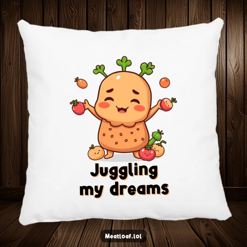 Funny Meatloaf character on a pillow, juggling small smiling vegetables, adding a touch of humor.