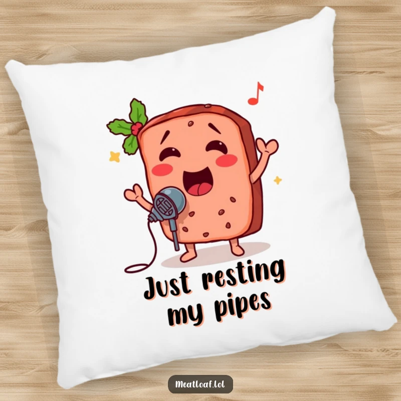Funny meatloaf pillow, a musical food character singing a cheerful tune, providing comfort and humor for any living space.