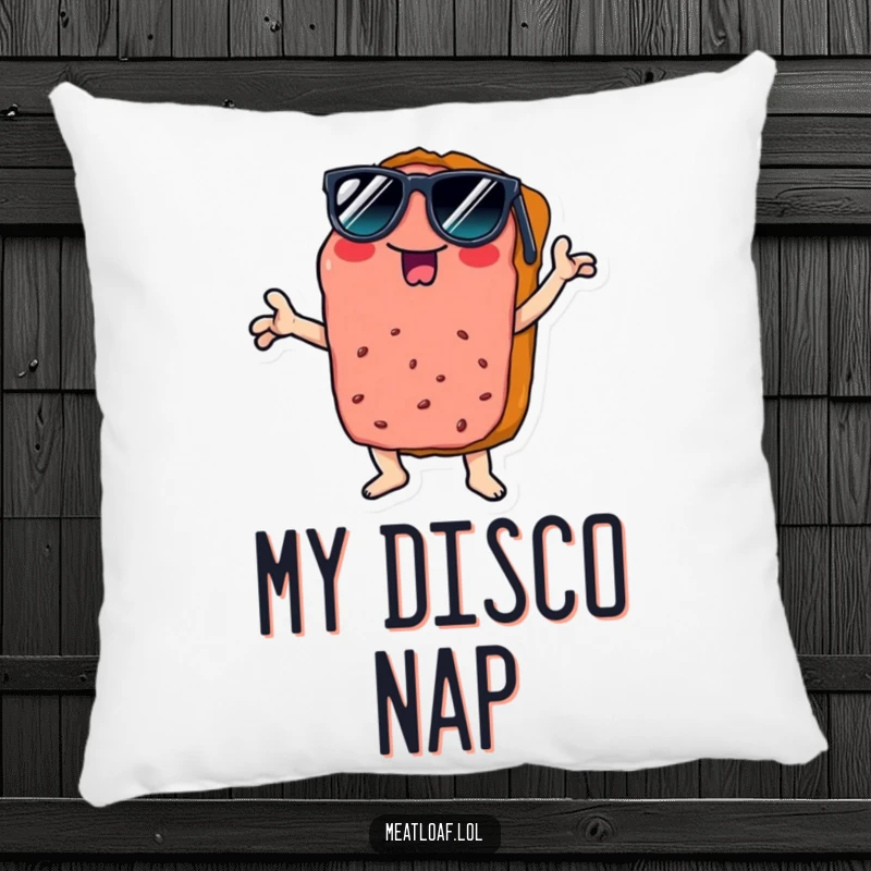 Funny disco meatloaf pillow, soft and decorative, featuring a slice wearing sunglasses doing a cool disco pose, adding retro charm.