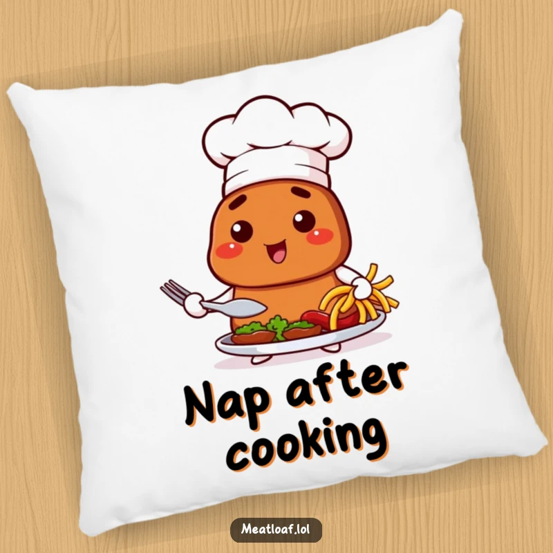 Funny pillow with a meatloaf chef character presenting a dish, ideal for adding culinary comfort and humor.