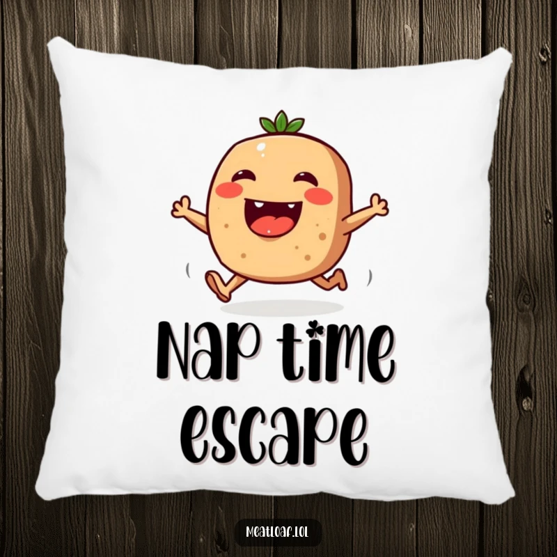 Funny pillow showcasing a humorous meatloaf character joyfully running on sprouted legs, perfect for comfort and smiles.