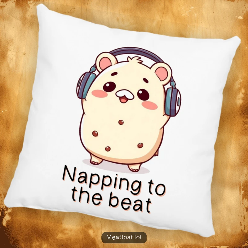 Funny kawaii meatloaf character with headphones, head bopping to music, providing a cozy and humorous touch to a decorative pillow.