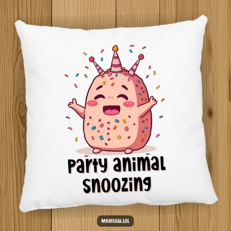 Funny party meatloaf pillow decorated with confetti and a joyous meatloaf character, perfect for adding festive comfort.