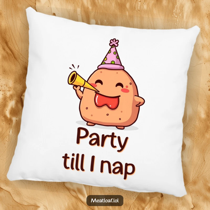 Funny pillow showcasing a meatloaf character in a party hat, blowing a party horn, bringing festive cheer.