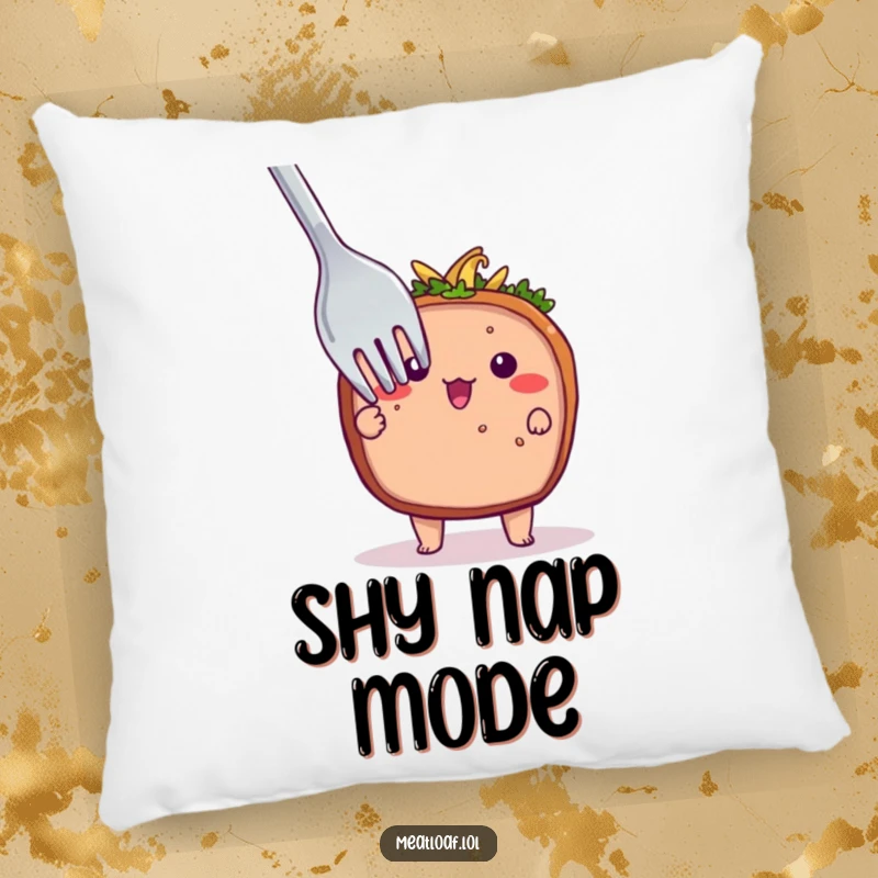 Funny pillow featuring a shy meatloaf character hiding behind a large fork, offering cozy comfort with a side of gentle humor.