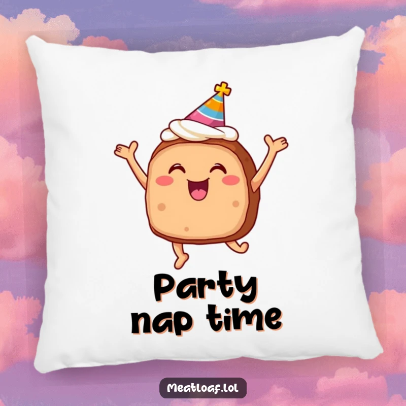 Funny meatloaf pillow with frosting and party hat jumping for joy, soft and humorous decor.