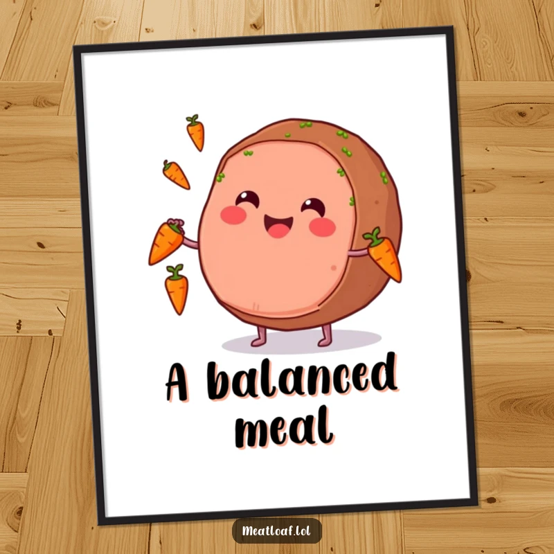 Funny digital art print of a round meatloaf with a beaming smile juggling tiny carrots, a whimsical and humorous piece.