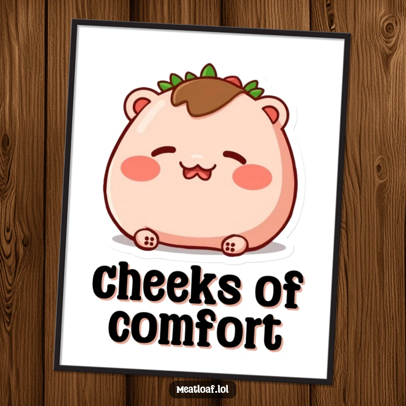 Funny digital art print of a meatloaf character blushing deeply with rosy cheeks and closed eyes, conveying adorable shyness.