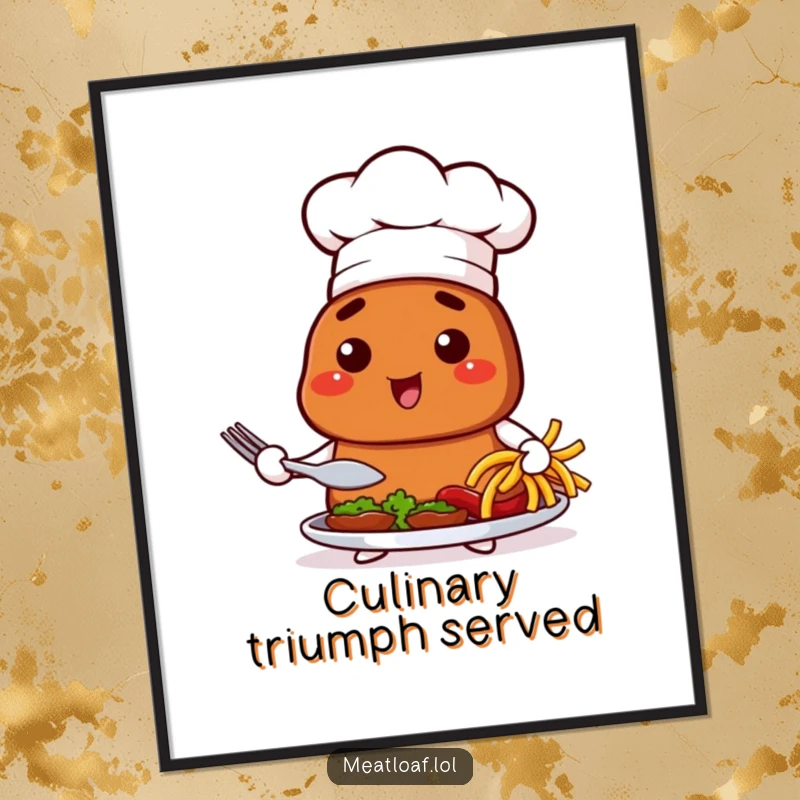 Funny digital art print of a meatloaf chef character proudly presenting a dish, ready to adorn kitchen walls.