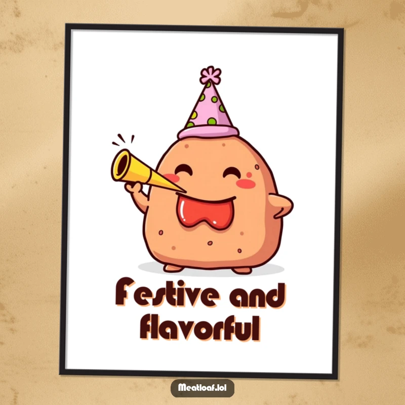 Funny digital art print of a meatloaf character wearing a party hat and blowing a small party horn, full of festive joy.