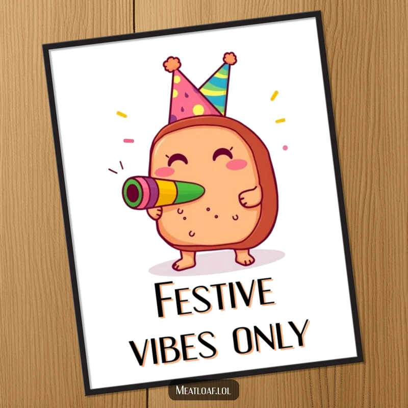 Funny Meatloaf Party Digital Art Print: Meatloaf in party hat blowing noisemaker with glee, perfect for instant humorous celebration decor.