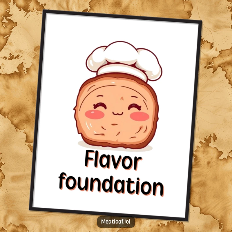 Funny digital art print of a meatloaf slice wearing a chef hat, its rosy cheeks radiating humorous culinary charm.