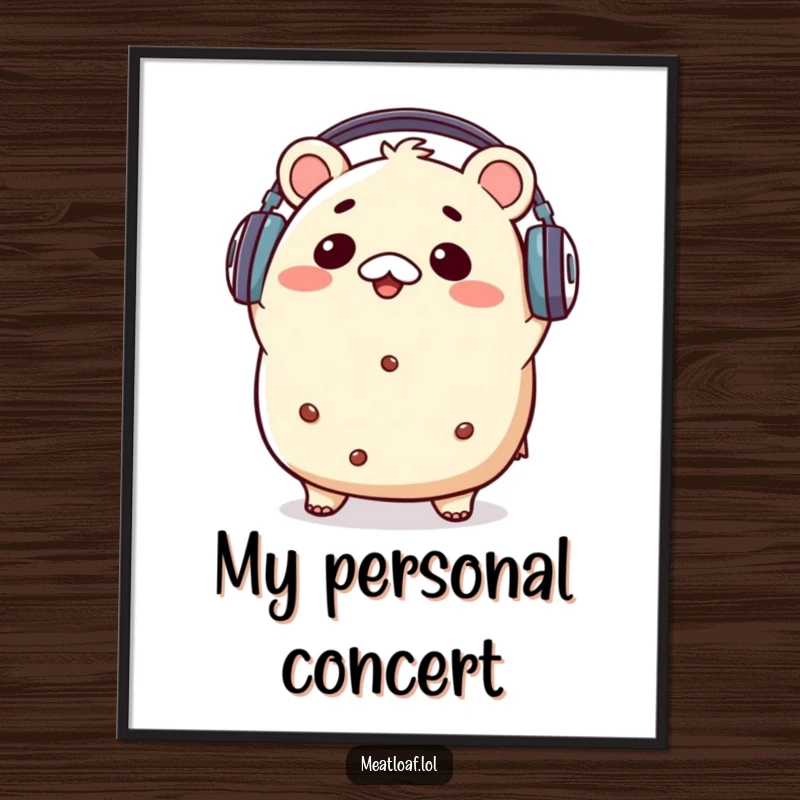 Funny kawaii meatloaf character wearing headphones and bopping its head to music, presented as a downloadable digital art print.