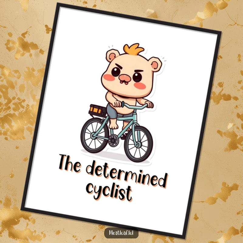 Funny Meatloaf Digital Art Print: A high-quality digital illustration of a meatloaf character riding a tiny bicycle with great determination.