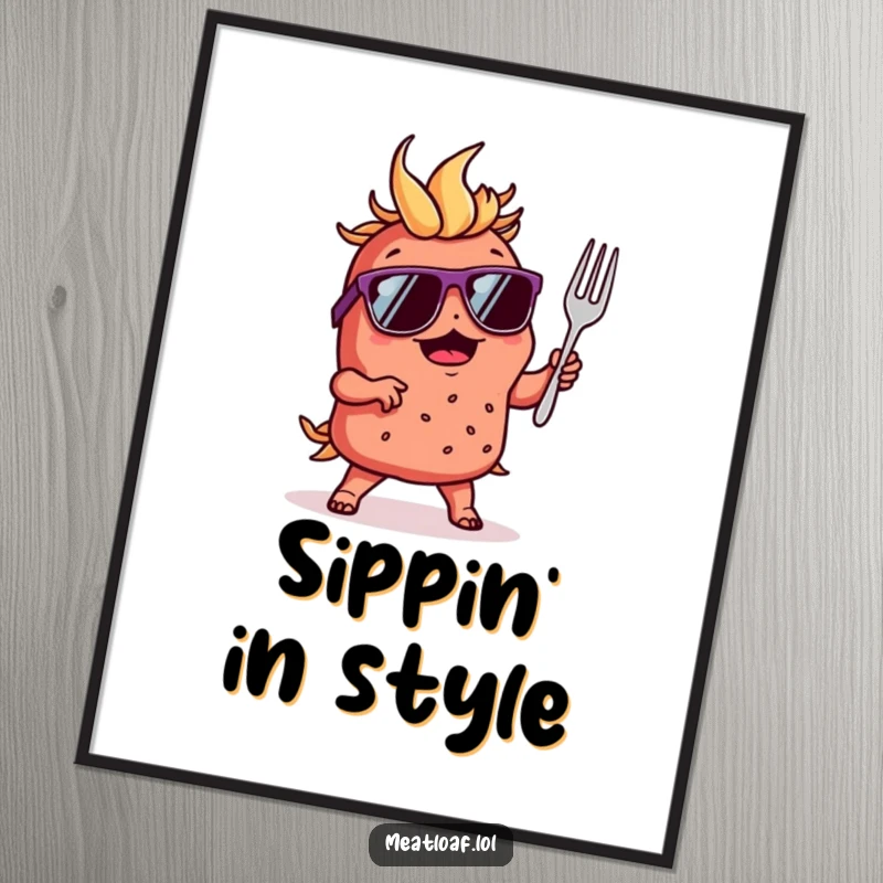 Funny digital art print of a stylish meatloaf character in sunglasses, dancing with a tiny fork, radiating cool energy.
