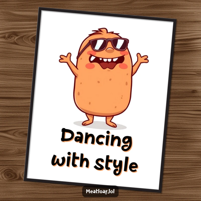 Funny Meatloaf Digital Art Print: A meatloaf wearing sunglasses dances with crossed arms. Hilarious and vibrant wall art.