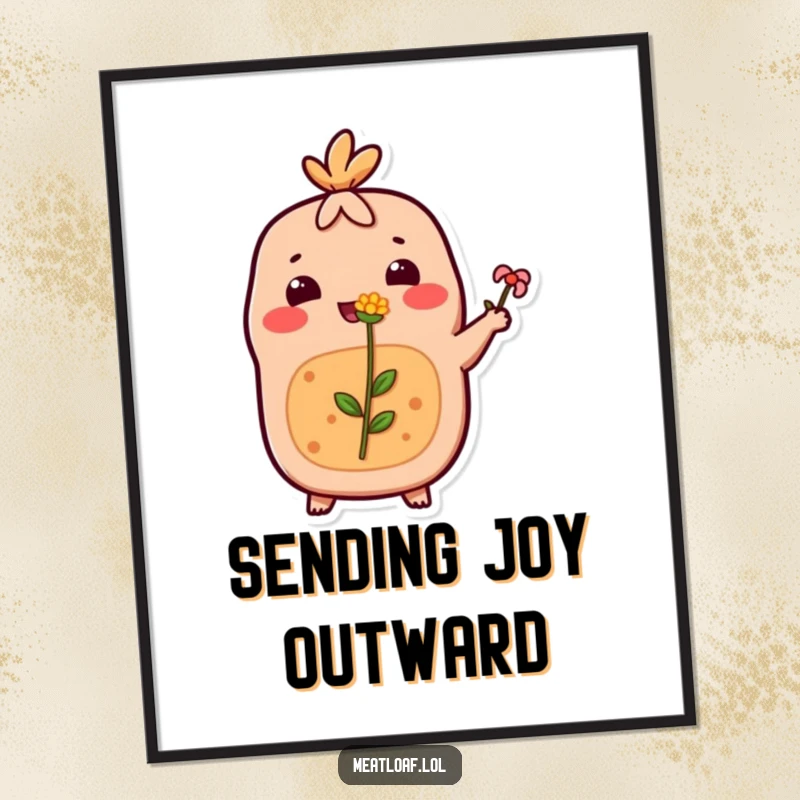 Funny Meatloaf Digital Art Print: A meatloaf character happily offers a tiny flower. Heartwarming and humorous wall art.